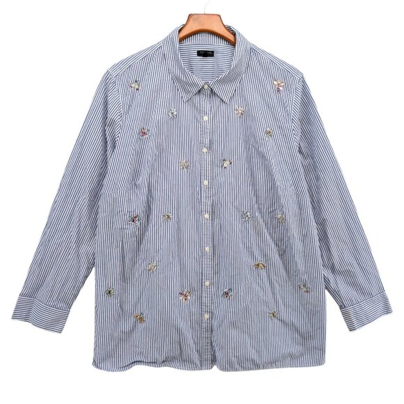 Talbots Rhinestone Button Front Shirt Womens Blue Striped Long Sleeve Top Sz 2X - Picture 1 of 9
